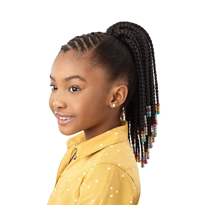OUTRE synthetic drawstring ponytail with long braided hair and colorful beads on a young girl