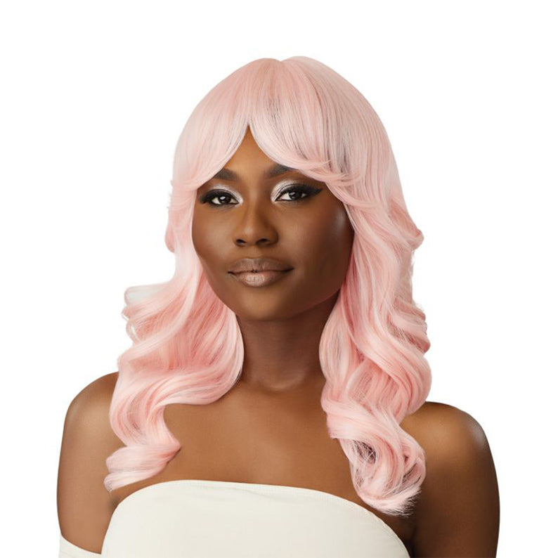OUTRE synthetic full cap wig 20 inch pastel pink wavy layers with curtain bangs and soft curls