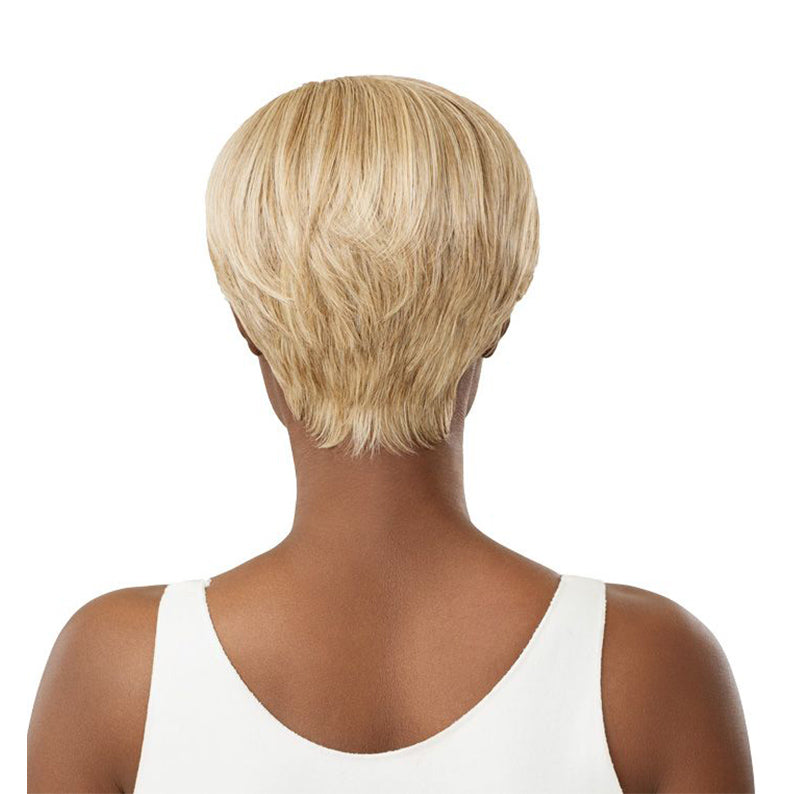 OUTRE short blonde pixie haircut synthetic full cap wig back view on model in white tank
