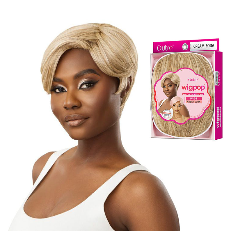 OUTRE WigPop Page short blonde haircut synthetic full cap wig worn by model with product box