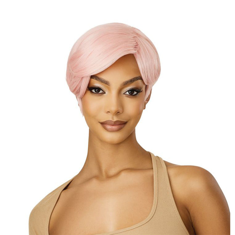 OUTRE synthetic full cap wig short pastel pink pixie with deep side part on model