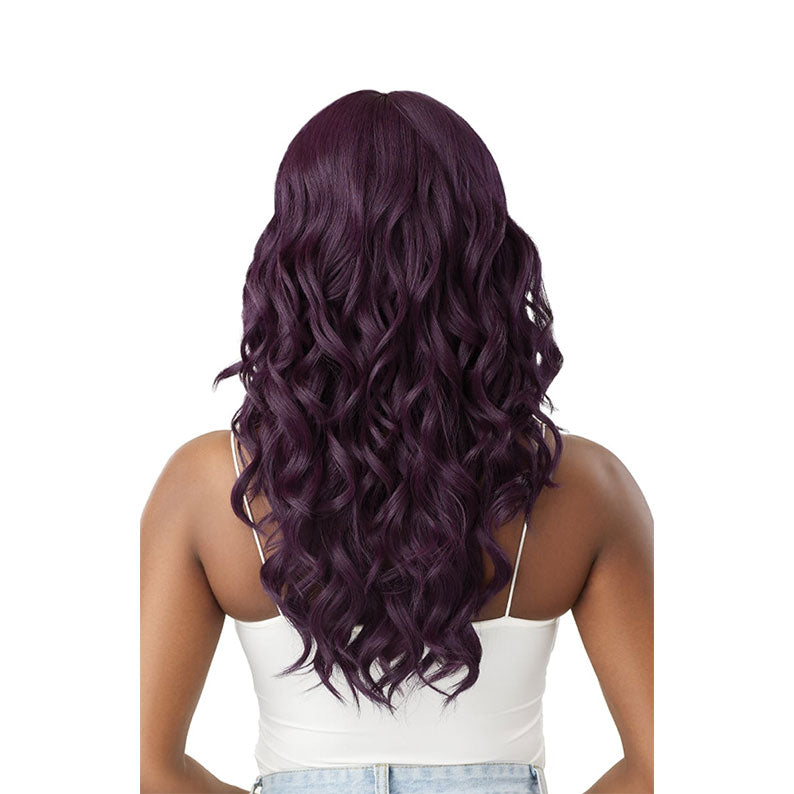 OUTRE long wavy deep purple wig displayed from back on model showing length and texture synthetic hair full cap wig