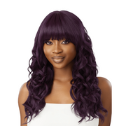 OUTRE synthetic hair full cap wig long wavy plum hair with blunt bangs for versatile styling