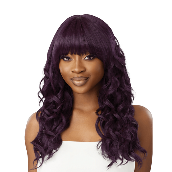 OUTRE synthetic hair full cap wig long wavy plum hair with blunt bangs for versatile styling