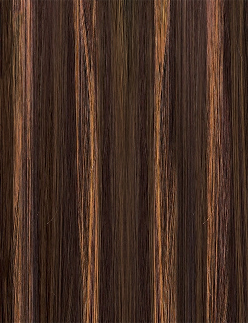 OUTRE straight brown wig with caramel highlights close up texture view synthetic hair full cap wig