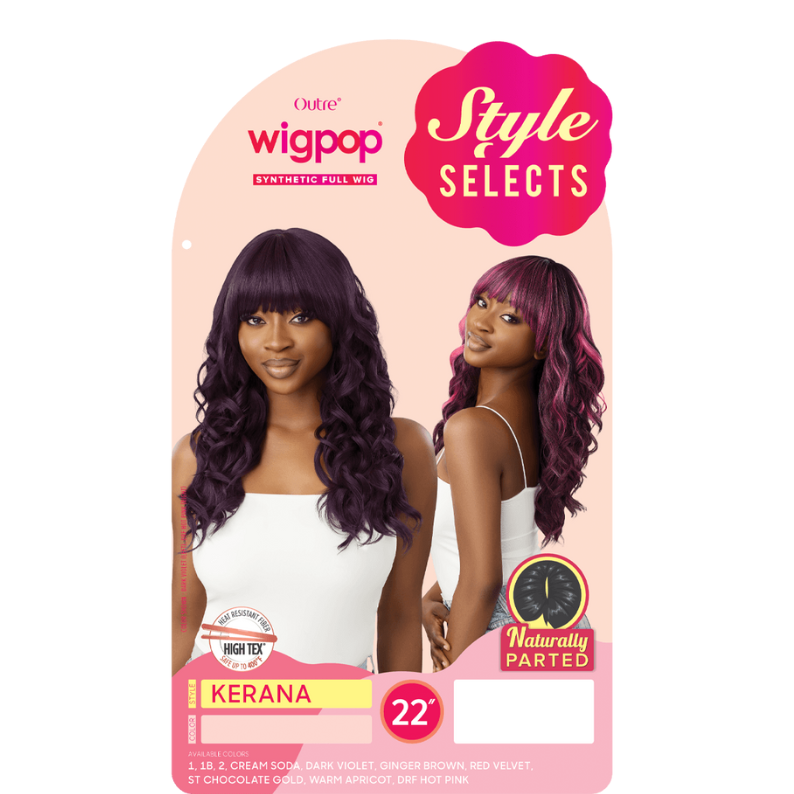 OUTRE Wigpop Kerana 22 inch burgundy wavy wig on model front and back view synthetic hair full cap wig