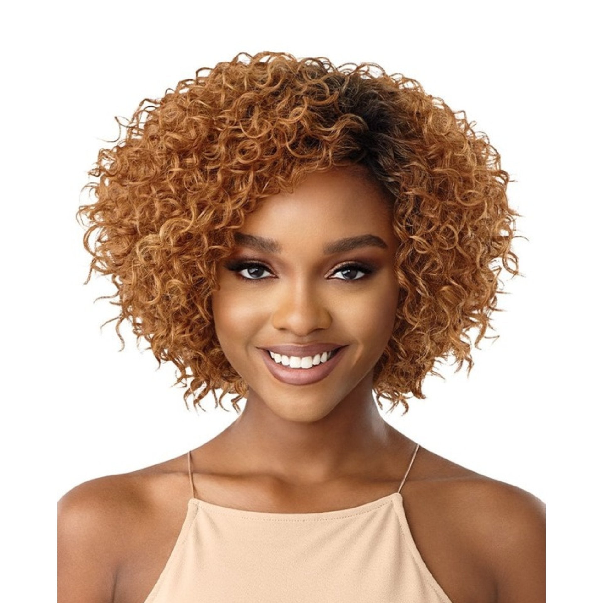 OUTRE synthetic hair full cap wig short curly honey blonde with dark roots for everyday wear