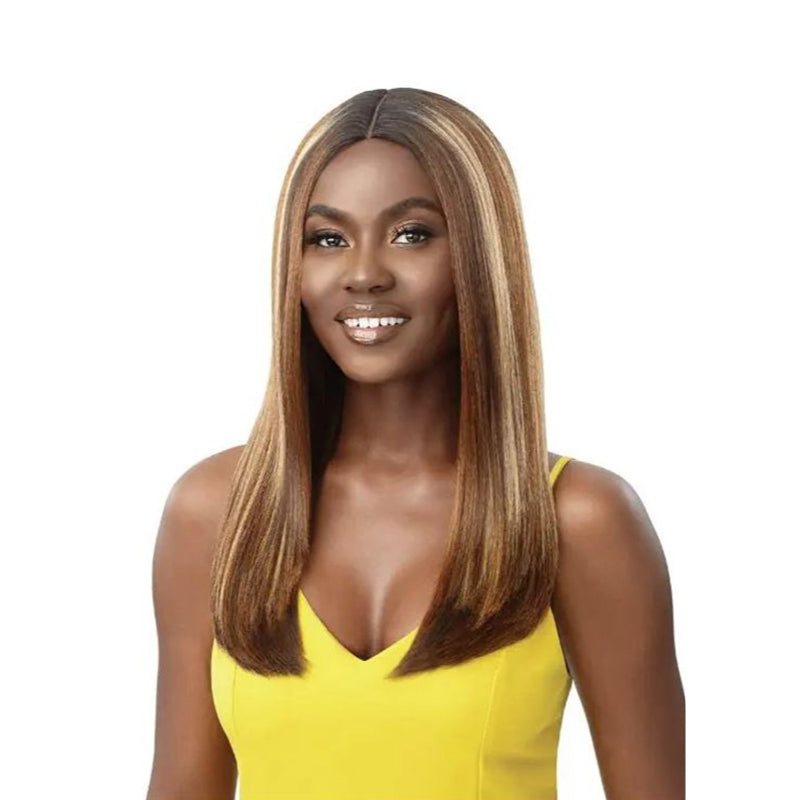 OUTRE synthetic lace front wig with straight highlighted brown hair worn by a smiling woman in a yellow top