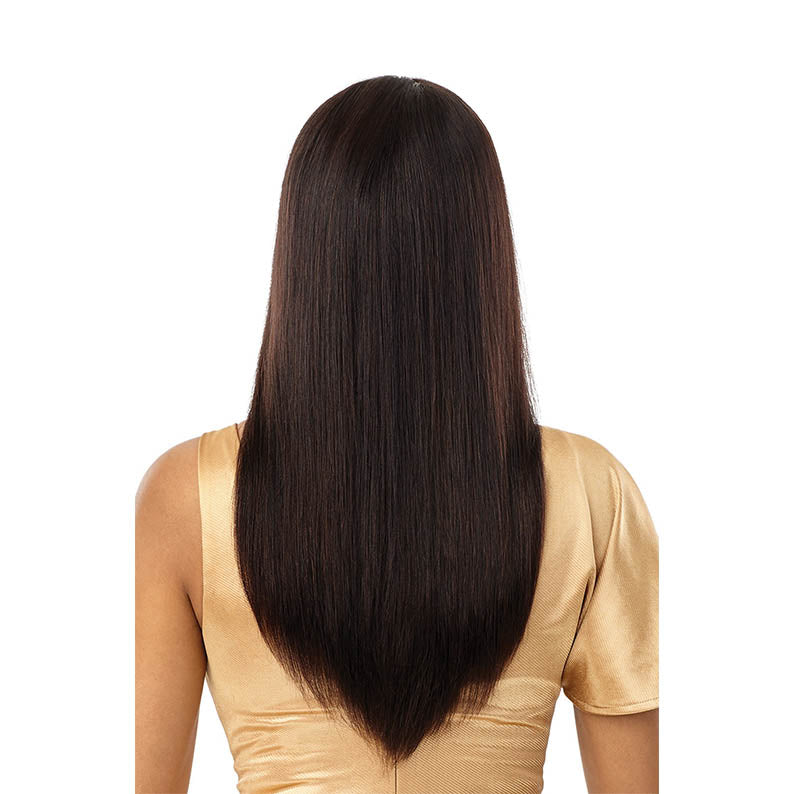 OUTRE unprocessed human hair lace front wig straight long dark brown hair shown from back on model