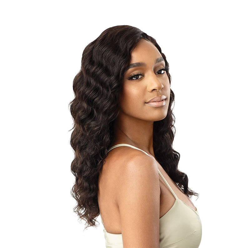 OUTRE unprocessed human hair lace front wig deep wave long dark brown with natural hairline on model