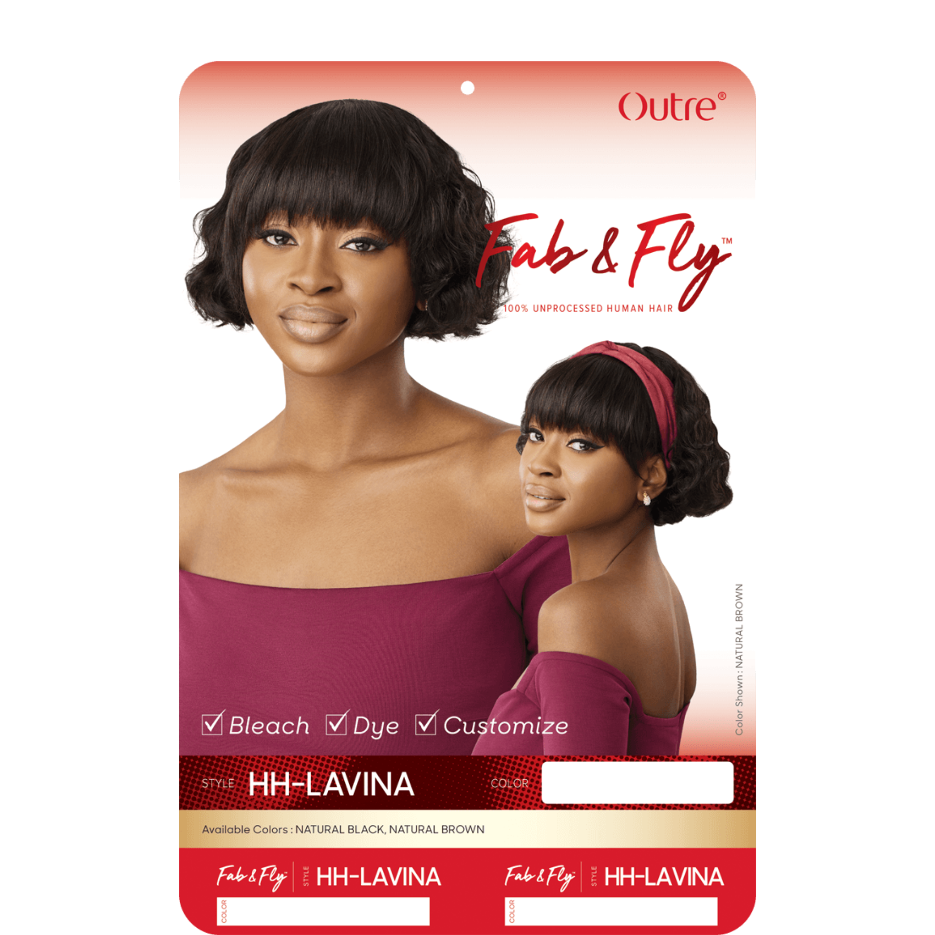 OUTRE Fab and Fly HH LAVINA unprocessed human hair wig short bob with bangs on model wearing burgundy top