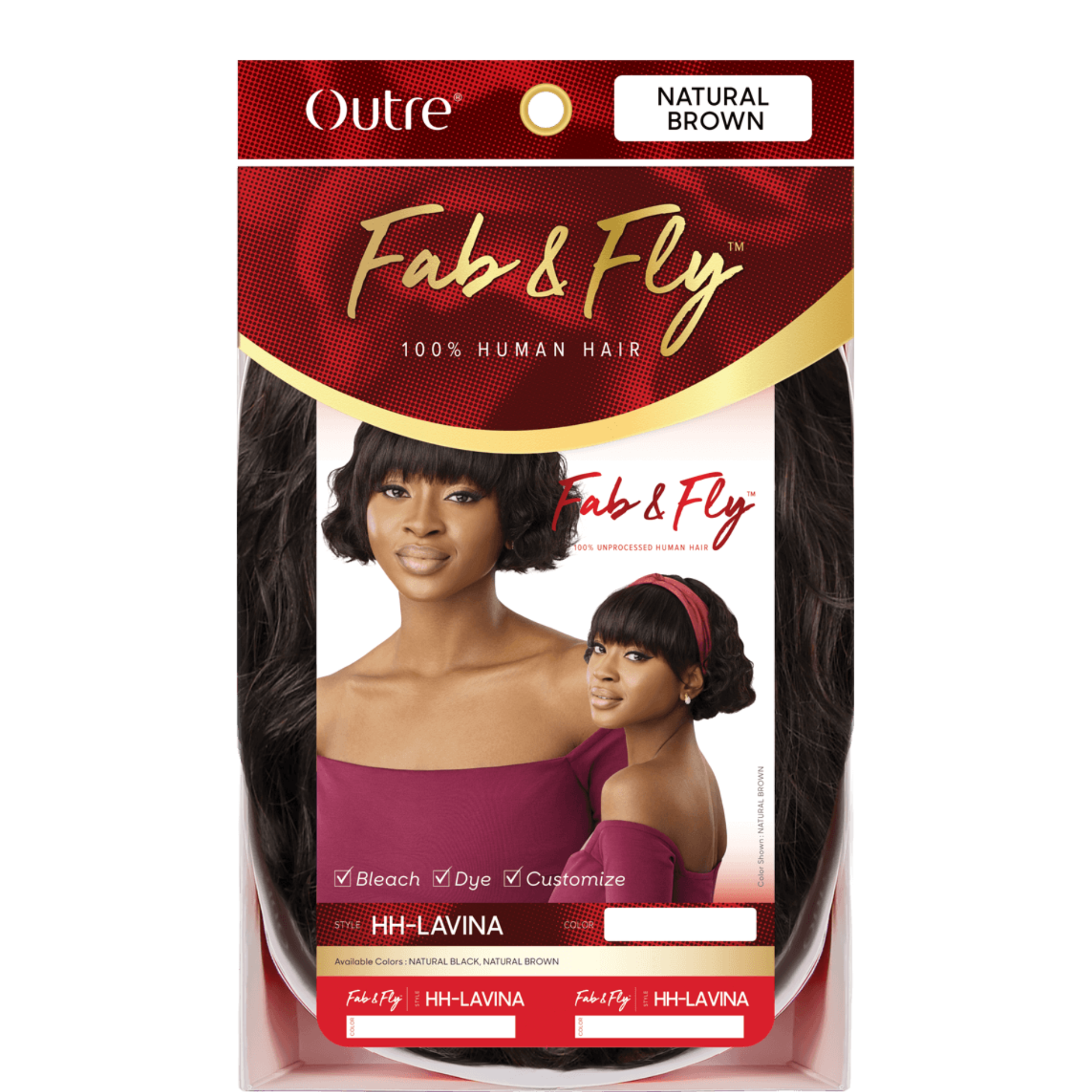 OUTRE Fab and Fly natural brown bob 100 percent human hair packaging showing model unprocessed human hair wig
