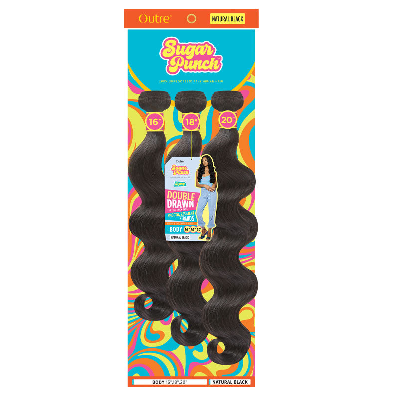 OUTRE Sugar Punch package with three unprocessed Remy human hair body wave bundles in 16 18 20 natural black