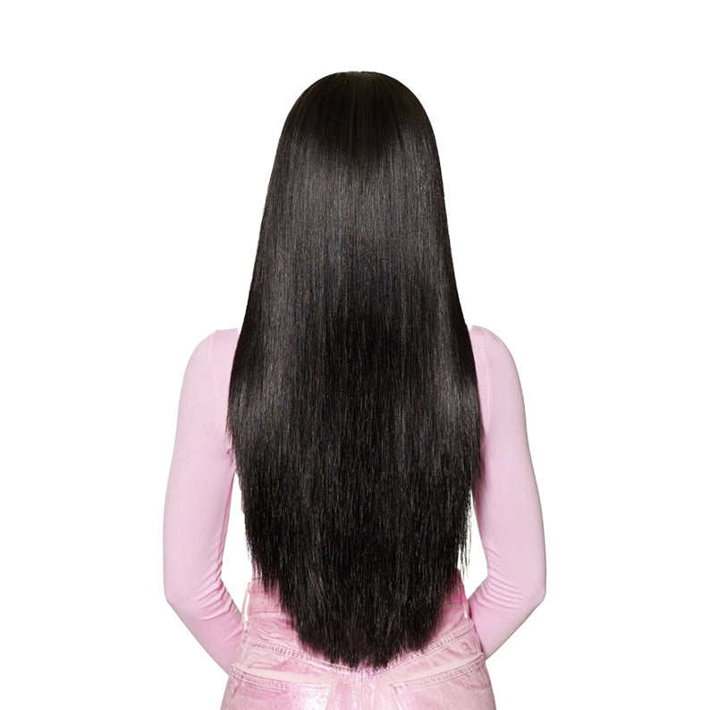 OUTRE unprocessed remy human hair straight bundle long natural black silky straight hair back view on model