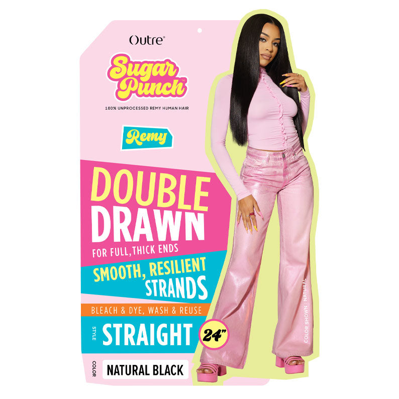 OUTRE Sugar Punch packaging with model in pink wearing natural black hair and unprocessed remy human hair straight bundle