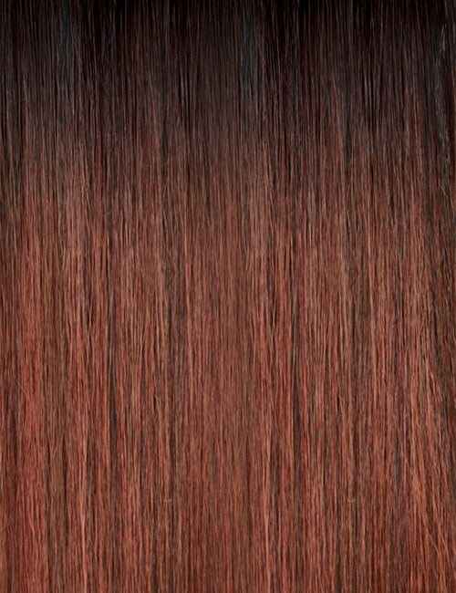 OUTRE water wave wrap ponytail extension shown in straight ombre dark root to auburn brown