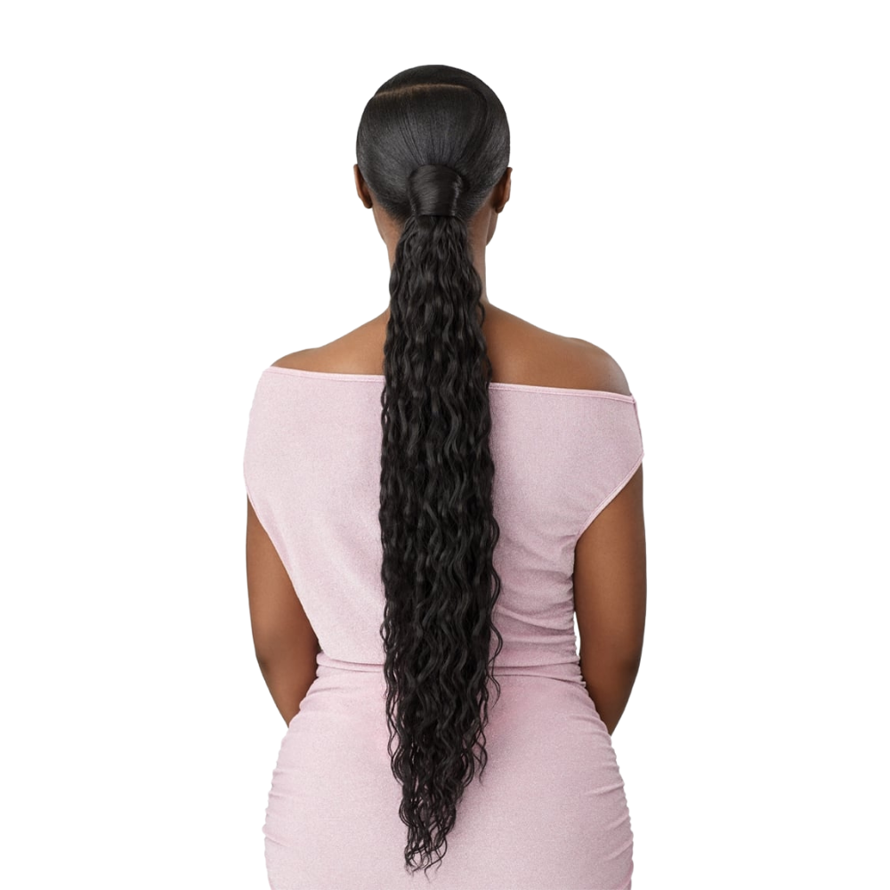 OUTRE water wave wrap ponytail extension long black wavy ponytail with wrapped base on model
