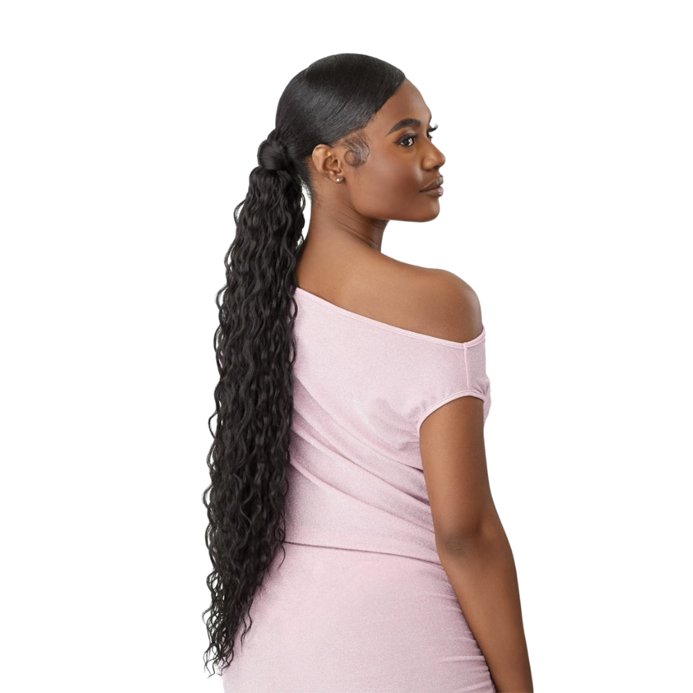 OUTRE water wave wrap ponytail extension long black wavy ponytail with wrapped base on model