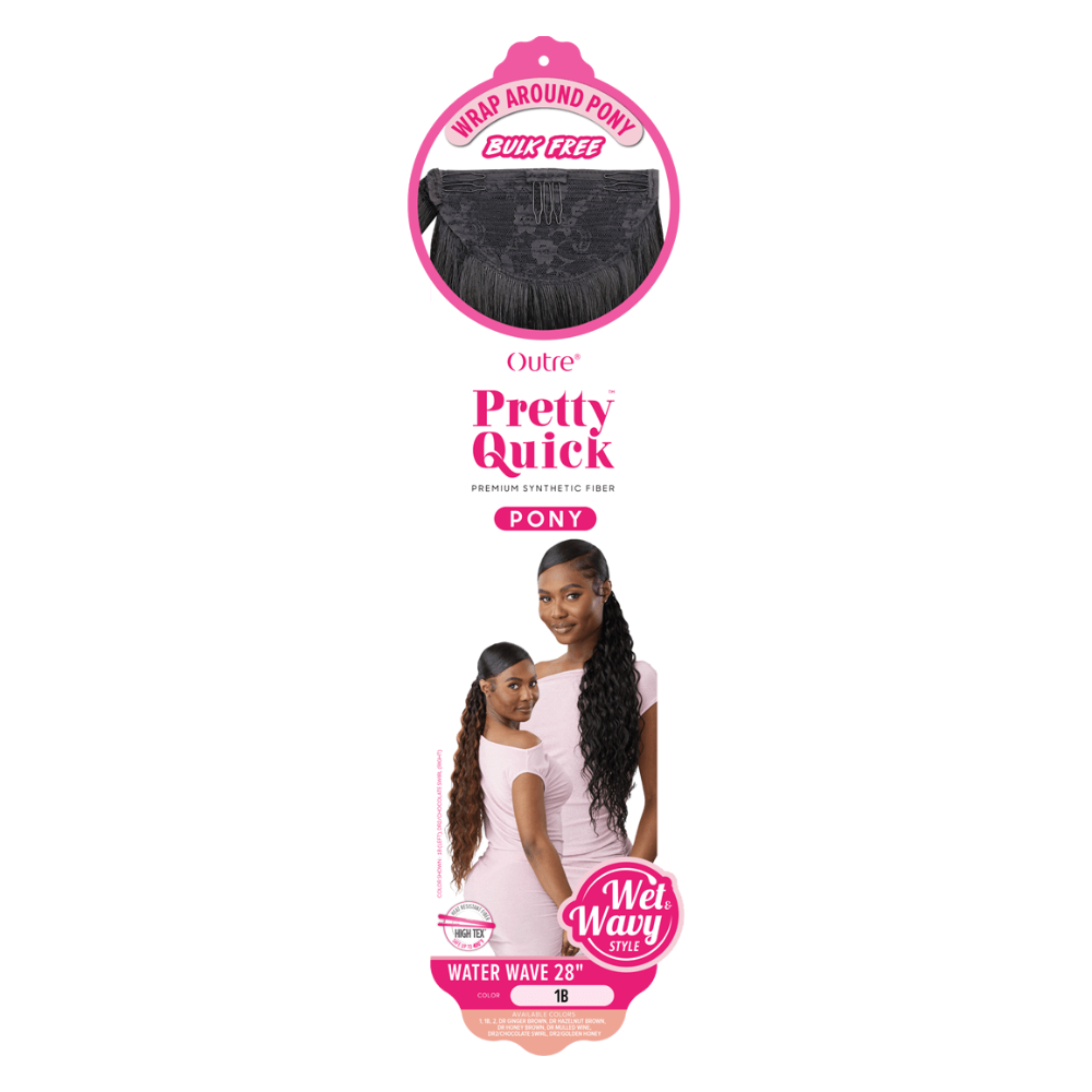 OUTRE Pretty Quick water wave wrap ponytail extension 28 inch wet wavy 1B shown on two models