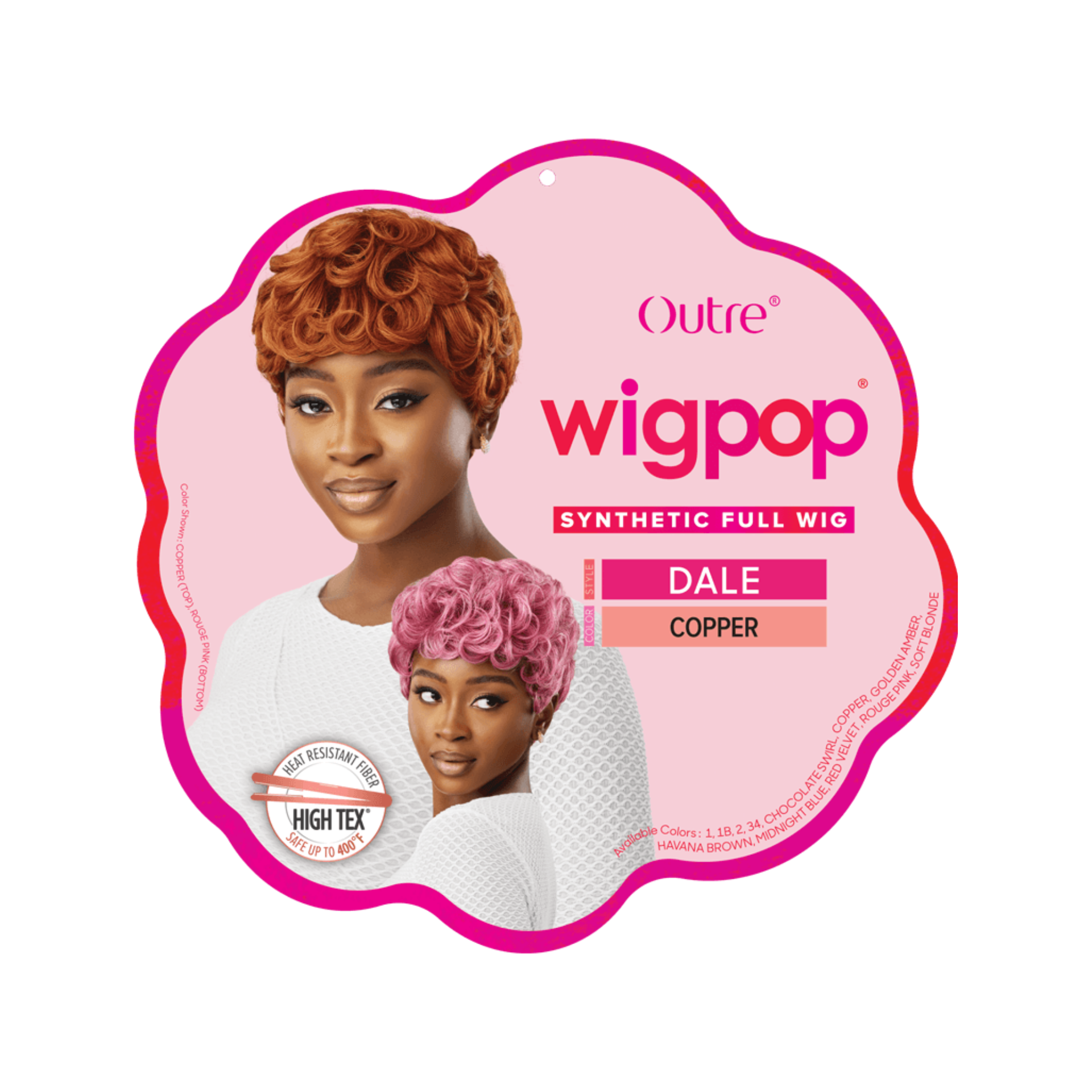 OUTRE Wigpop synthetic full cap wig Dale copper and pink short curly pixie style shown on two models