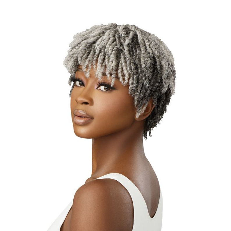 OUTRE WIGPOP synthetic full cap wig short gray textured twist crop on model with side profile