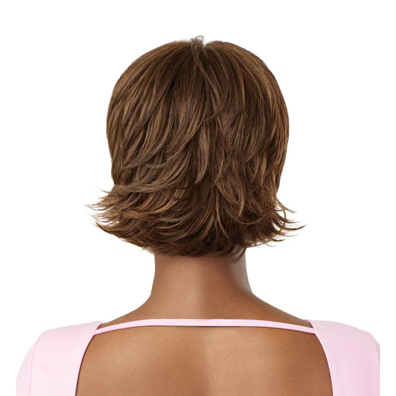 OUTRE WIGPOP synthetic full cap wig short layered chestnut brown bob shown from back on model