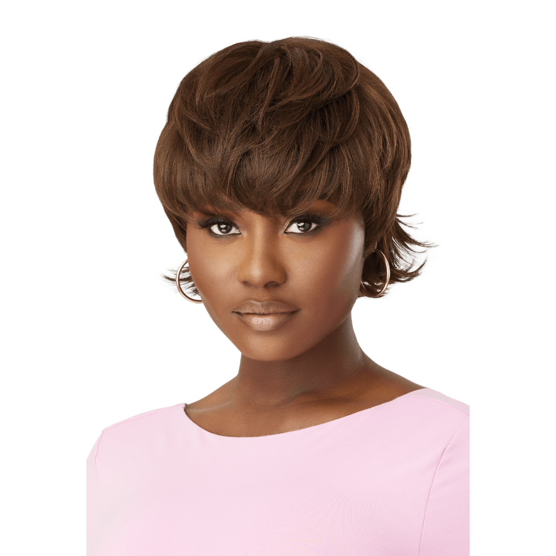 OUTRE WIGPOP synthetic full cap wig short layered chestnut brown pixie with side swept bangs on model