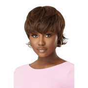 OUTRE WIGPOP synthetic full cap wig short layered chestnut brown pixie with side swept bangs on model