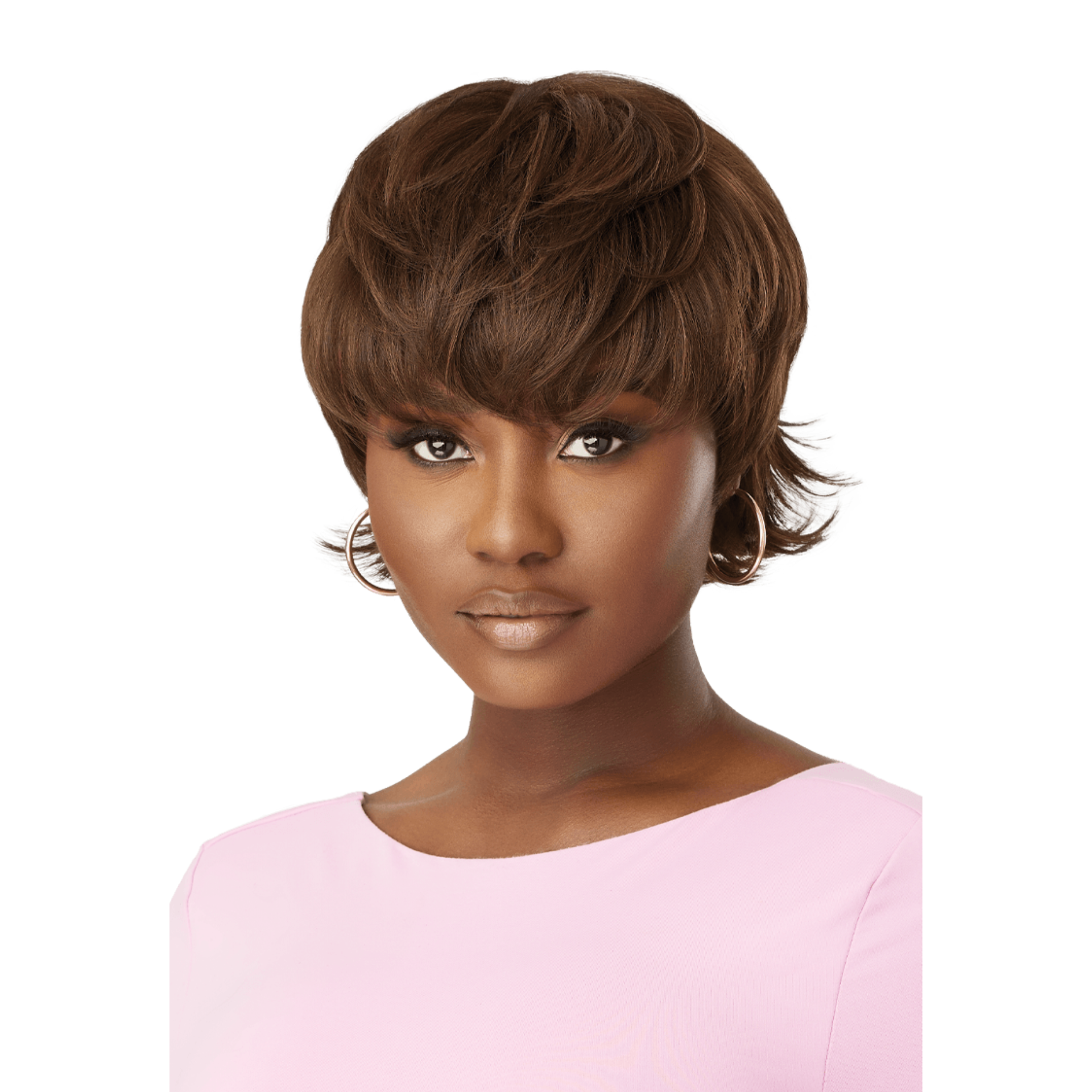 OUTRE WIGPOP synthetic full cap wig short layered chestnut brown pixie with side swept bangs on model