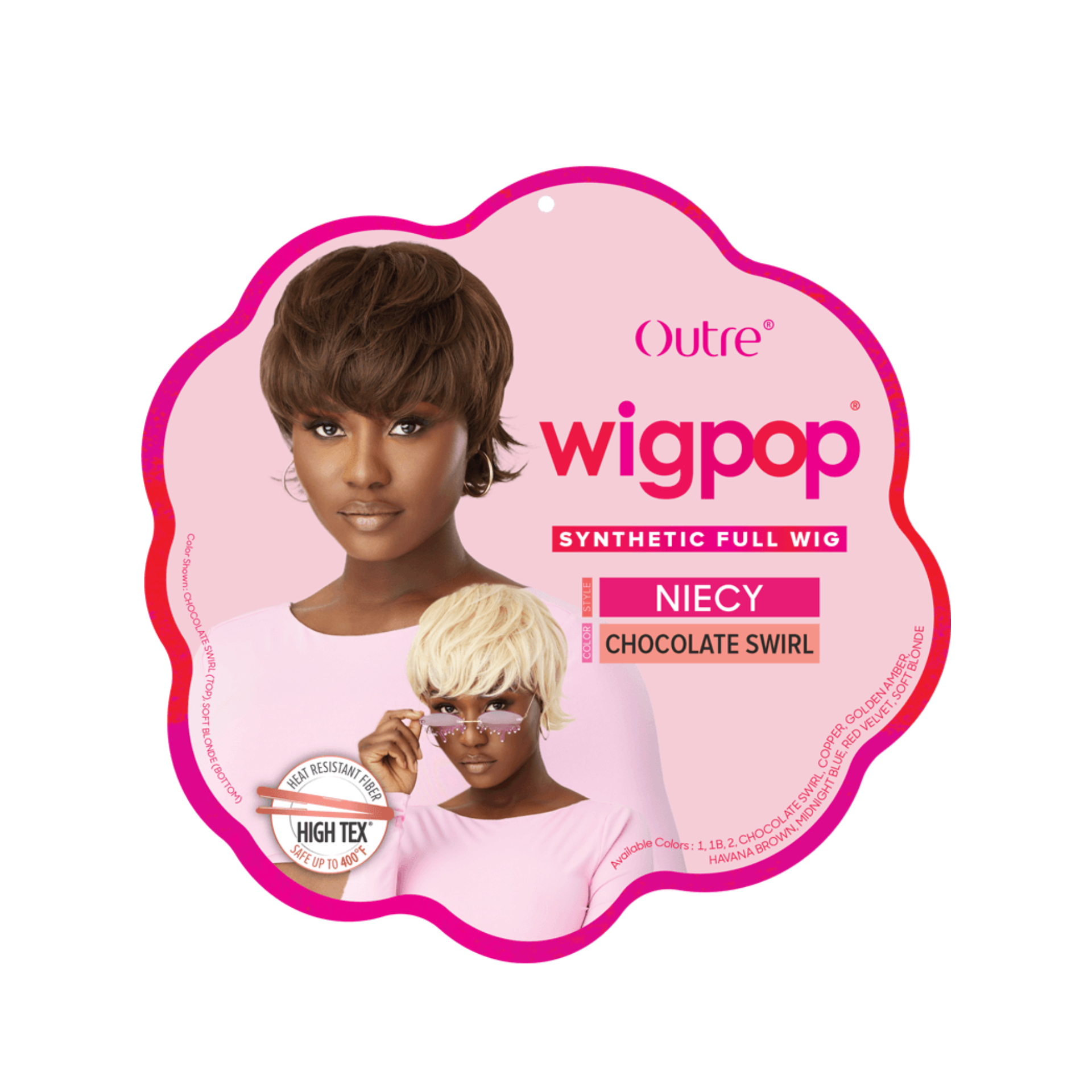 OUTRE WIGPOP synthetic full cap wig packaging showing two models wearing Niecy chocolate swirl short styles