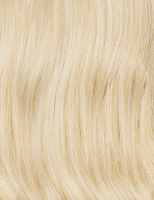 OUTRE Wigpop synthetic full cap wig in light golden blonde close up showing smooth straight hair texture
