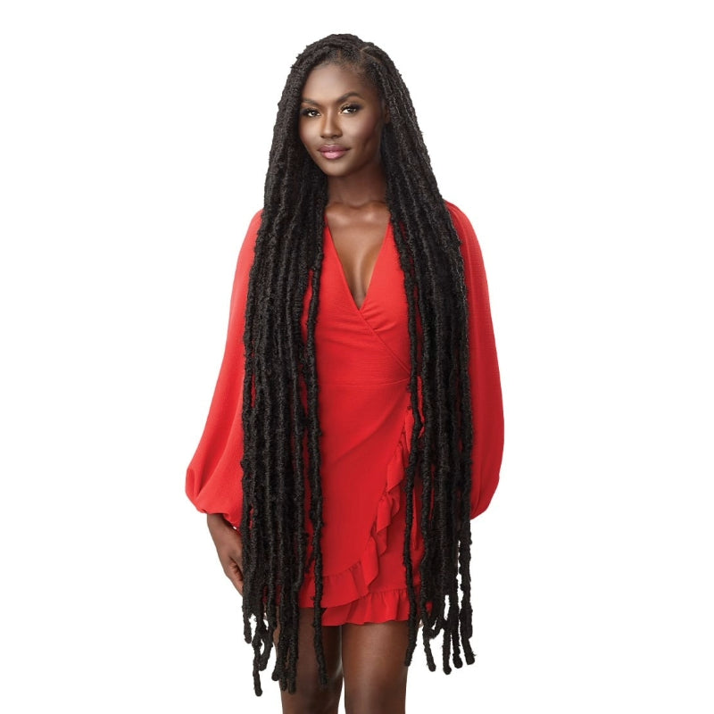 OUTRE long black springy afro twist hair extensions styled as extra long faux locs on model in red dress