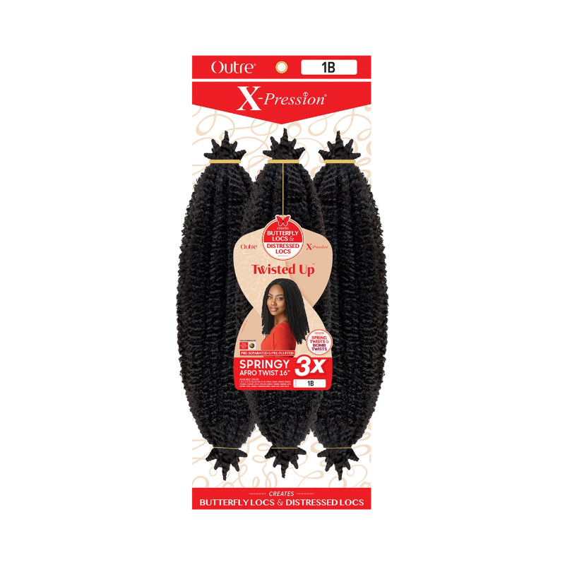 Outre X Pression springy afro twist hair extensions 1B black braided pack with three prelooped braids