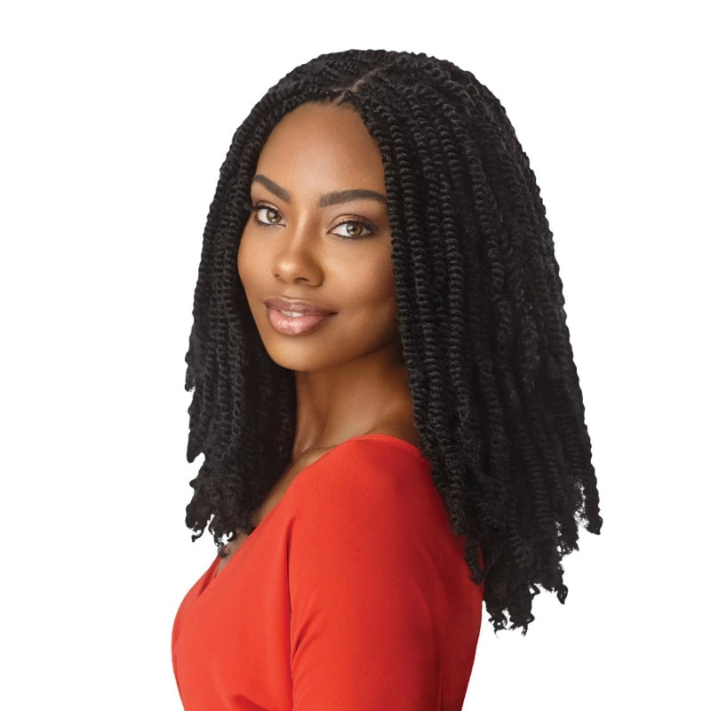 OUTRE braid on model with shoulder length springy afro twist hair extensions in natural black texture