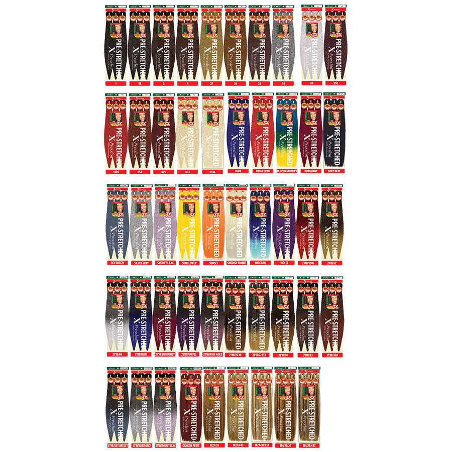 OUTRE display of assorted color braids showing multiple packaged pre-stretched braiding hair options for styling