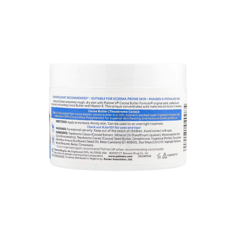 Palmer's cocoa butter cream for dry skin in a white jar with detailed ingredient and usage label
