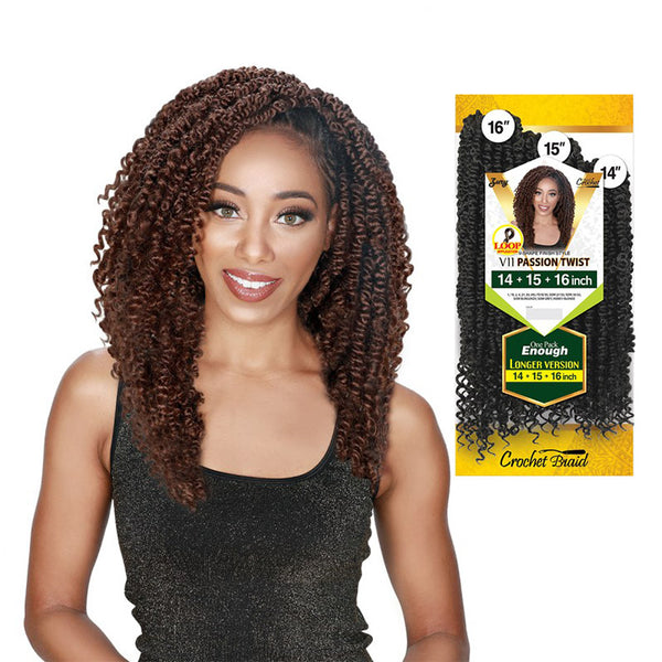 ROYAL IMEX passion twist crochet hair braid in 14, 15, and 16 inch lengths modeled on woman