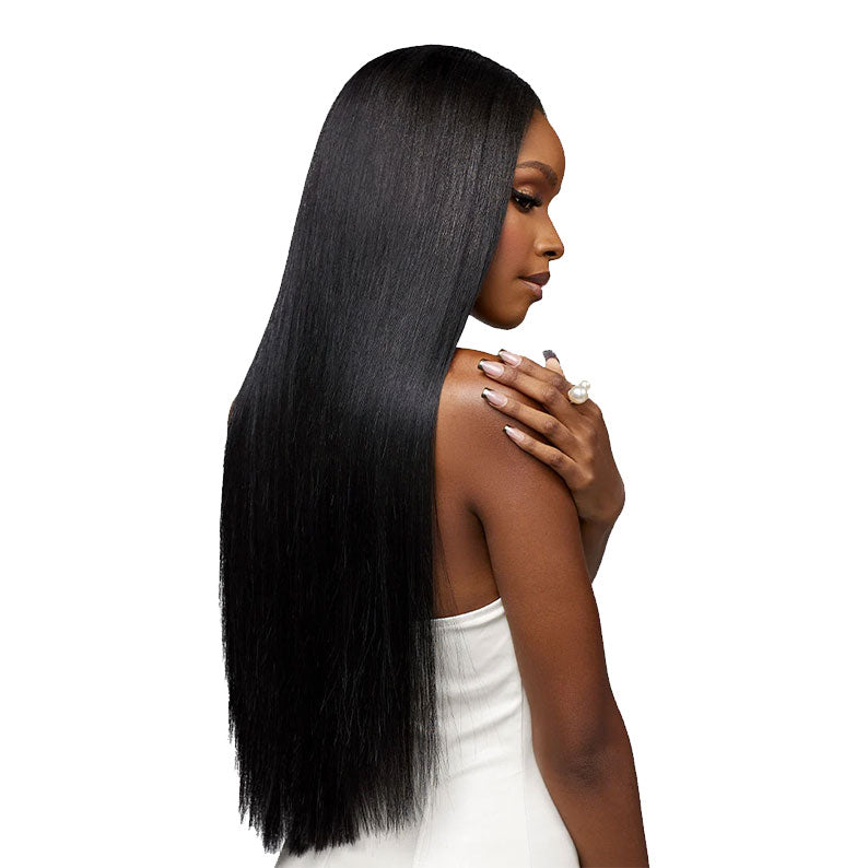 SENSATIONNEL straight human hair bundles on model with long sleek black waist length hair and glossy finish