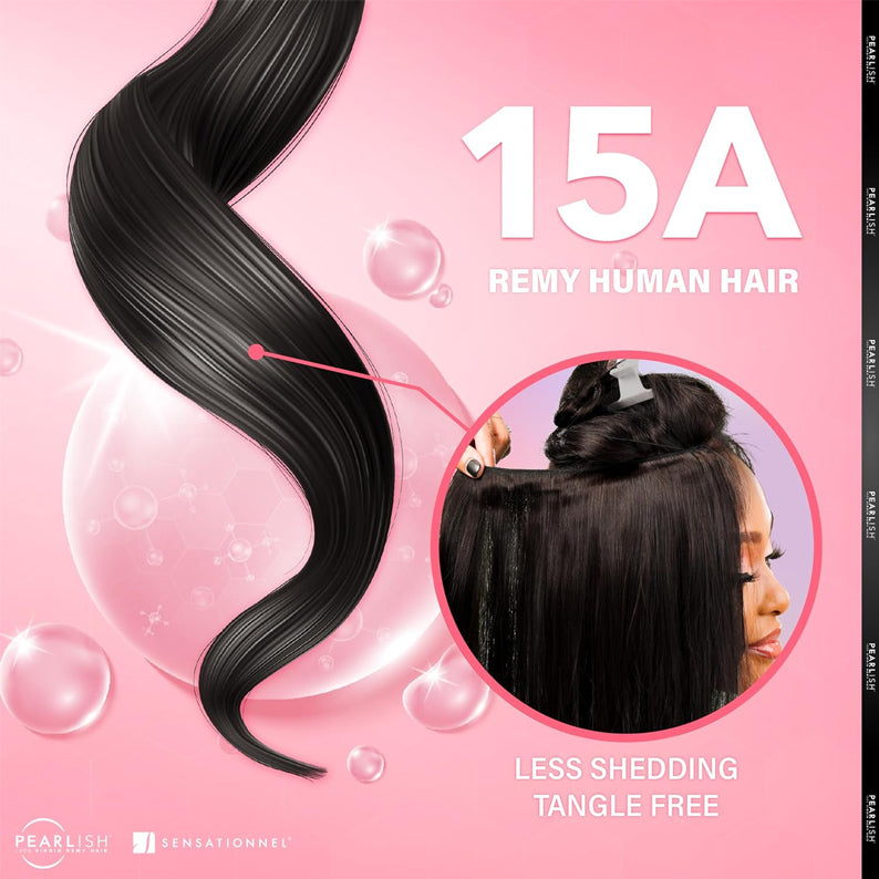 SENSATIONNEL 15A Remy human hair on model showing smooth black strands Virgin Remi Euro Deep Pearl hair extensions