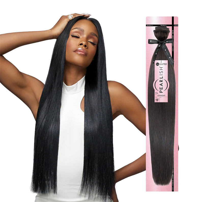 SENSATIONNEL model with long sleek black hair wearing Virgin Remi straight hair extensions and packaged bundle shown