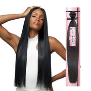 SENSATIONNEL model with long sleek black hair wearing Virgin Remi straight hair extensions and packaged bundle shown