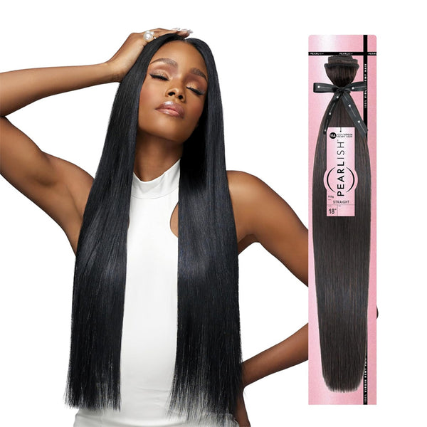 SENSATIONNEL model with long sleek black hair wearing Virgin Remi straight hair extensions and packaged bundle shown