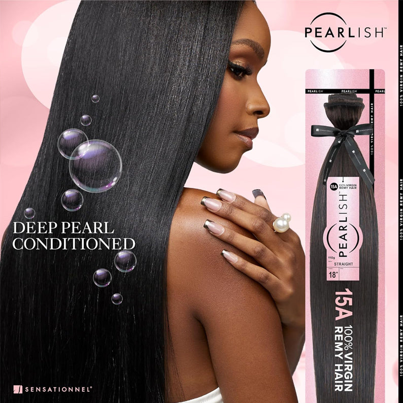 SENSATIONNEL Virgin Remi straight hair extensions sleek deep pearl conditioned black bundle shown on model