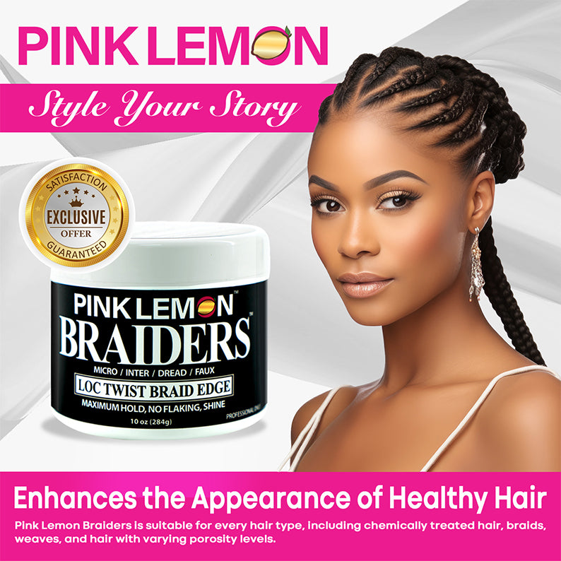 Pink Lemon hair care jar and model with neat cornrows showing sleek hold and shine pink lemon braiders edge control