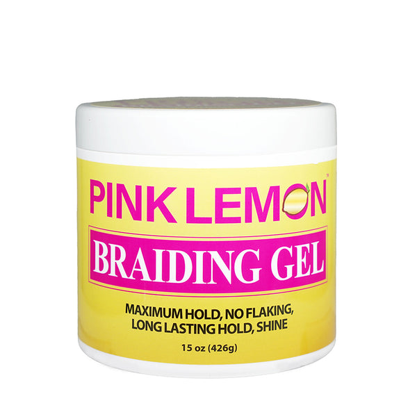 Jar of pink lemon braiding gel 15 oz with yellow PINK LEMON label maximum hold no flaking long lasting shine