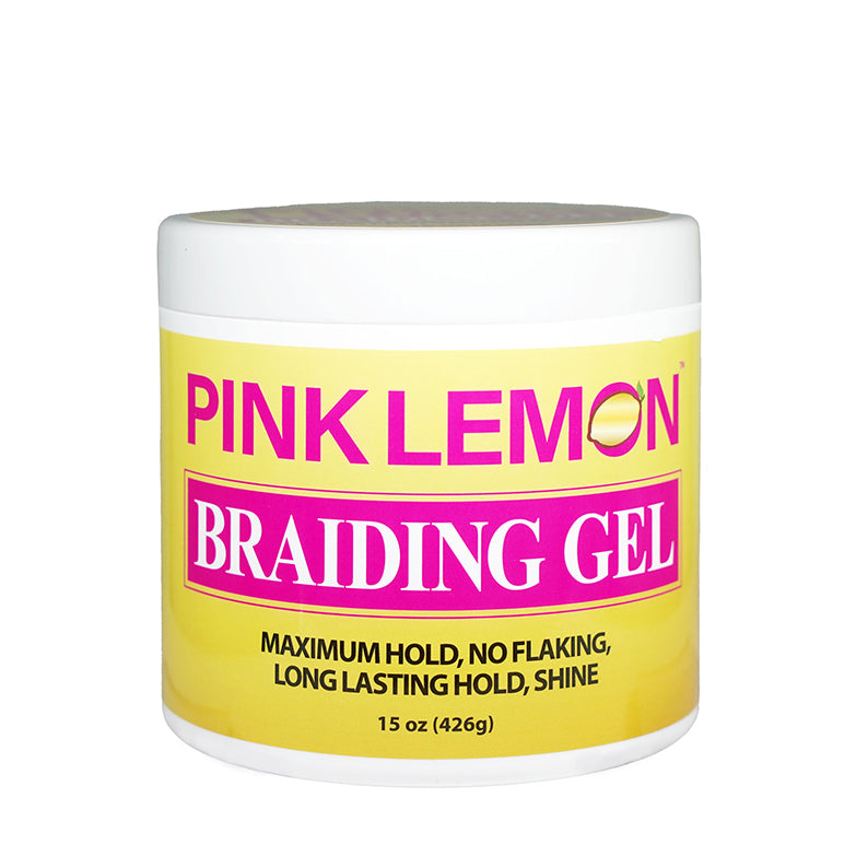 Jar of pink lemon braiding gel 15 oz with yellow PINK LEMON label maximum hold no flaking long lasting shine