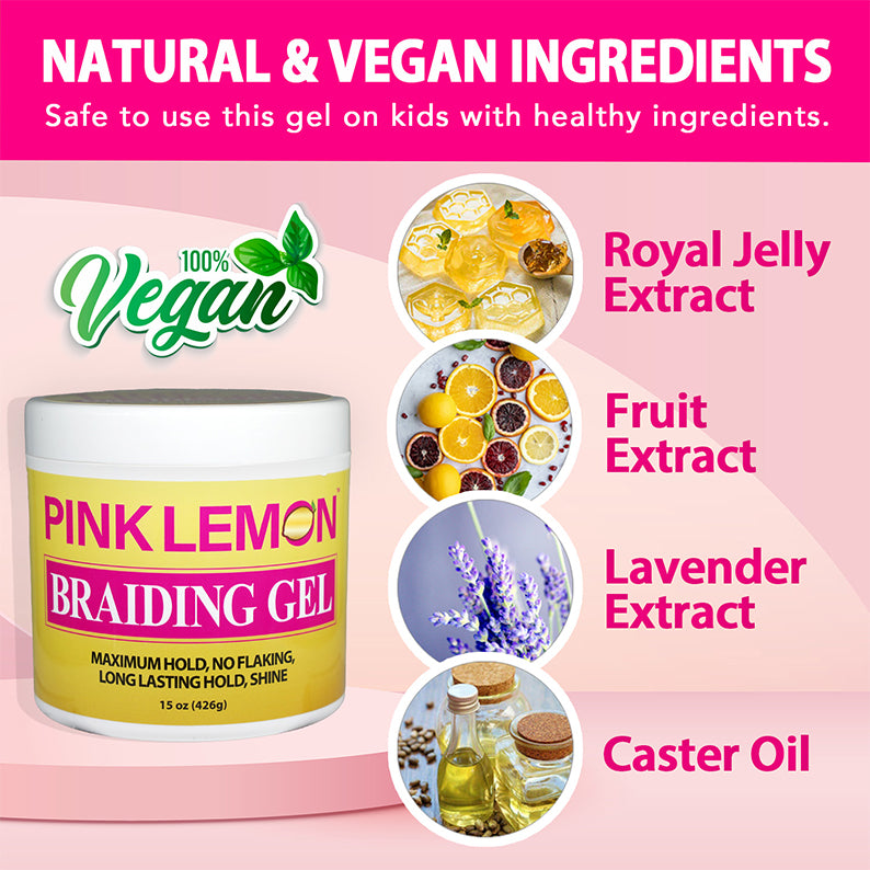 Jar of pink lemon braiding gel with vegan label and ingredient icons royal jelly fruit lavender caster oil