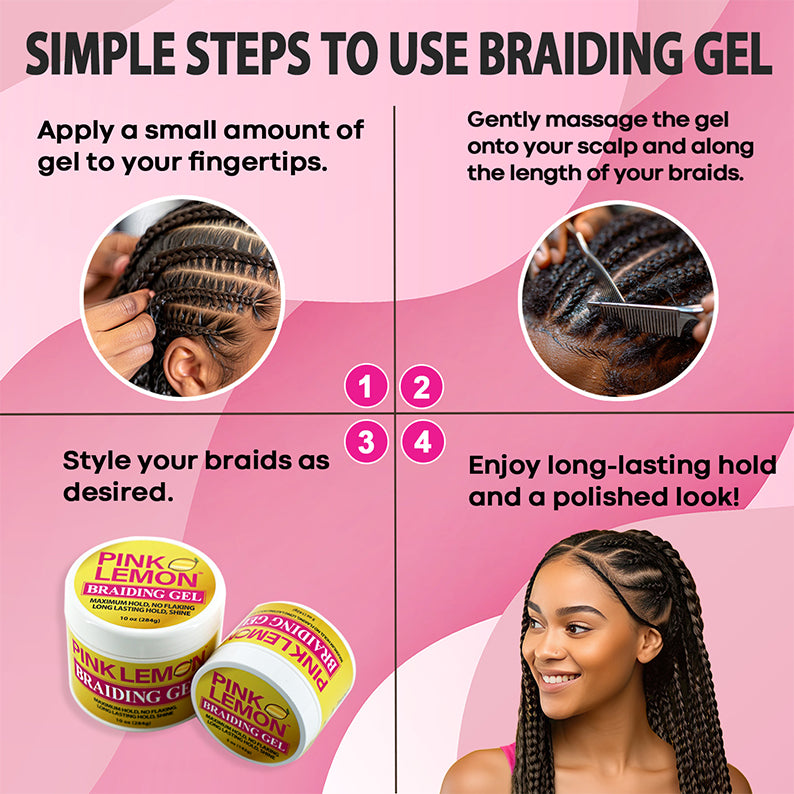 Instructional collage showing pink lemon braiding gel jars and step by step application to cornrows with finished long box braids