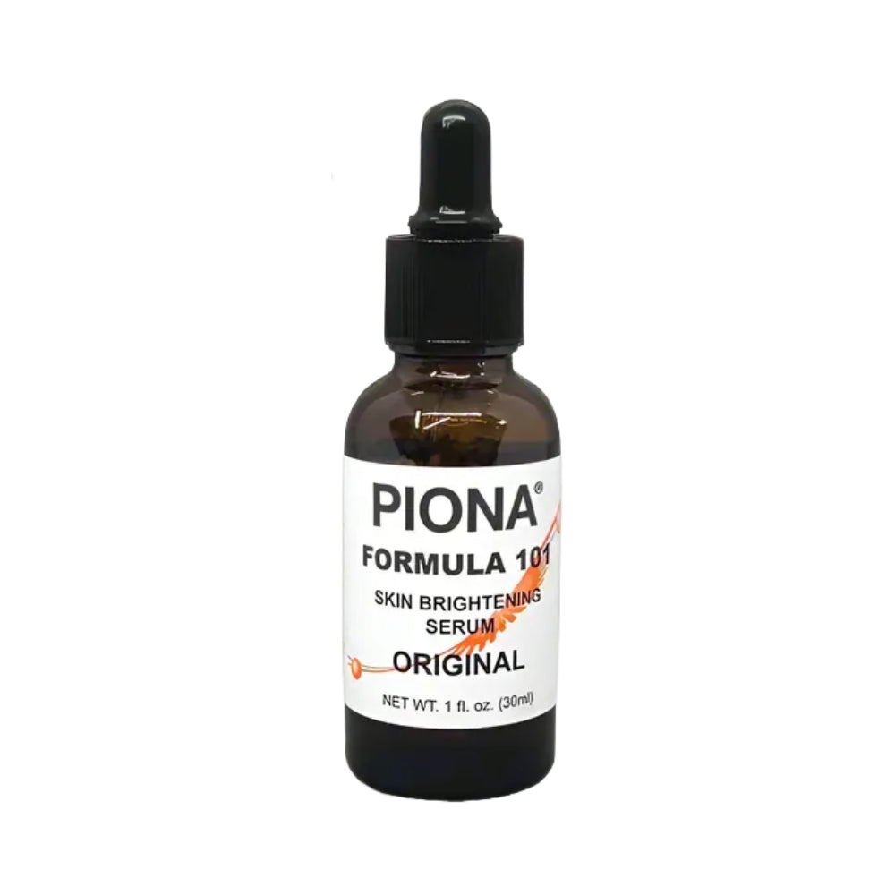PIONA dropper bottle skin brightening serum for dark spots in 1 fl oz brown glass vial with label