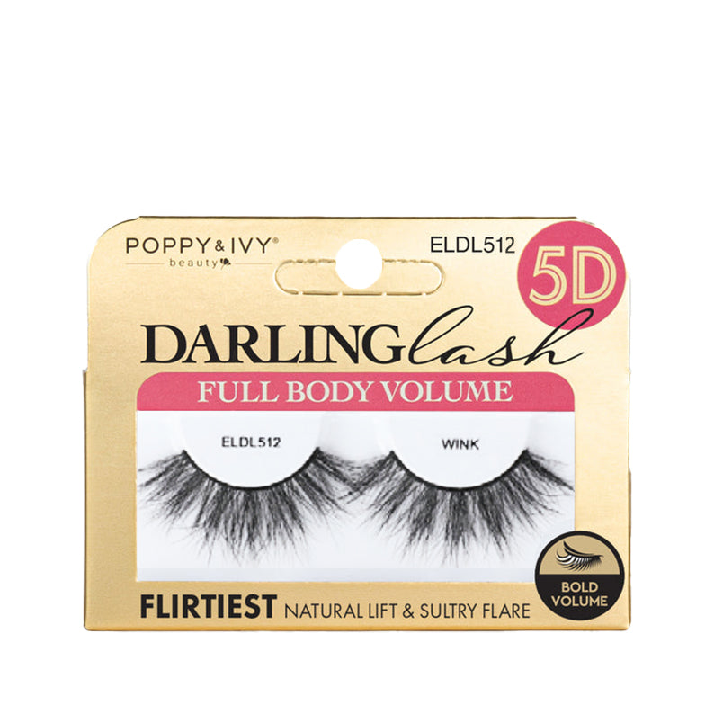 Darling Lash gold retail packaging showing fluffy black 5D volume false eyelashes with dramatic lift